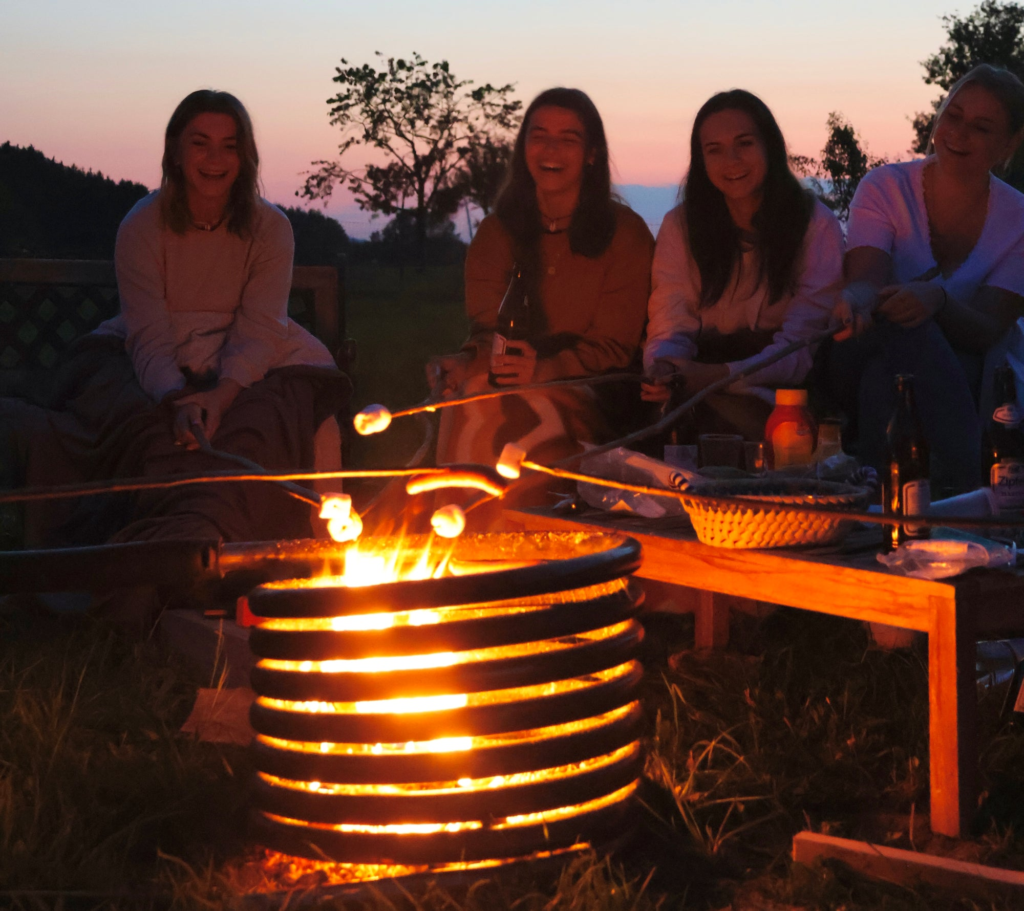 Friends around a lit coil at night, toasting marshmallows