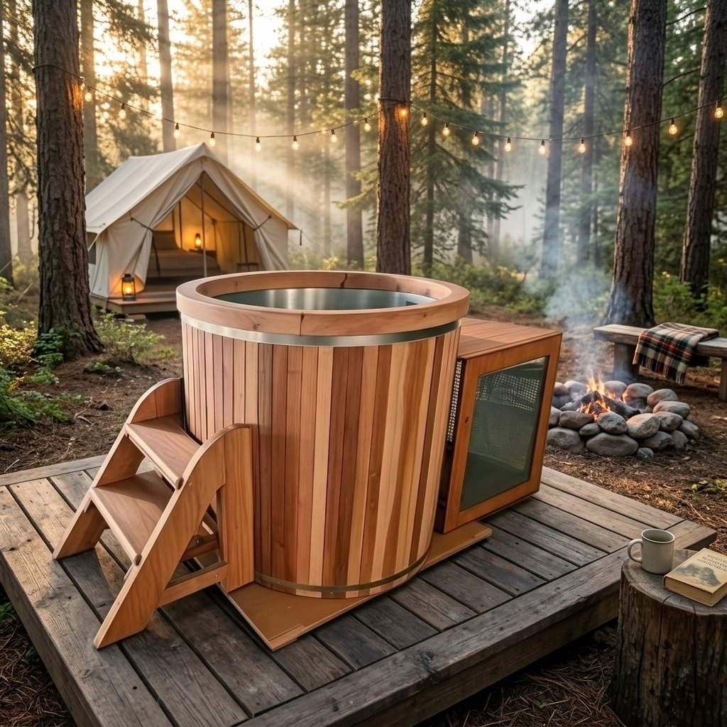 Cedar cold plunge with steps in a forest camp