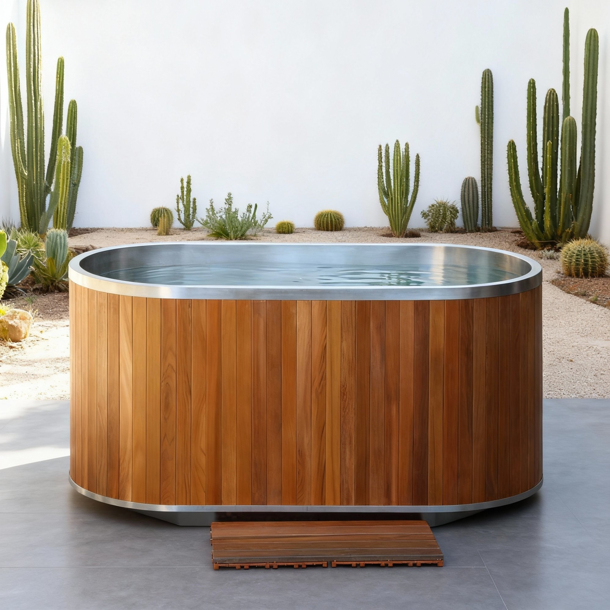 Cedar and steel cold plunge on a patio with cacti