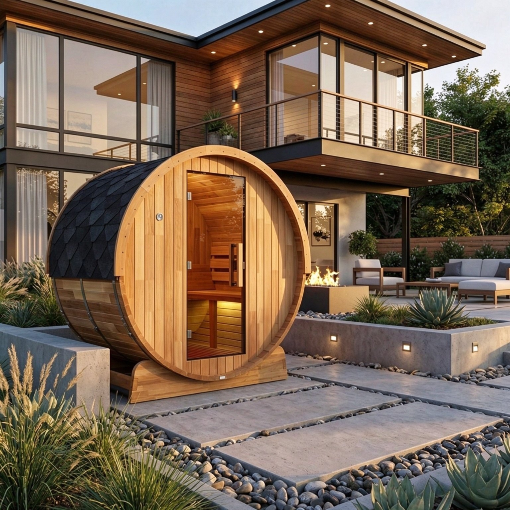 Cedar barrel sauna in front of a modern house