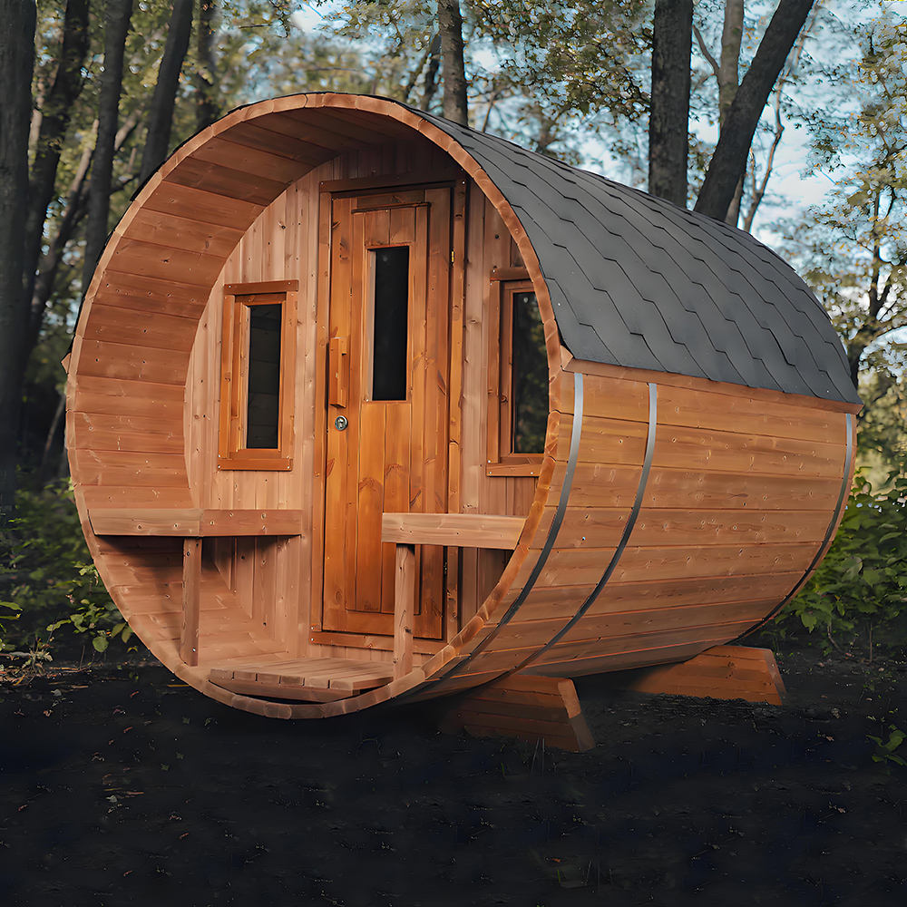 Sauna de barril de cedro con terraza en el bosque