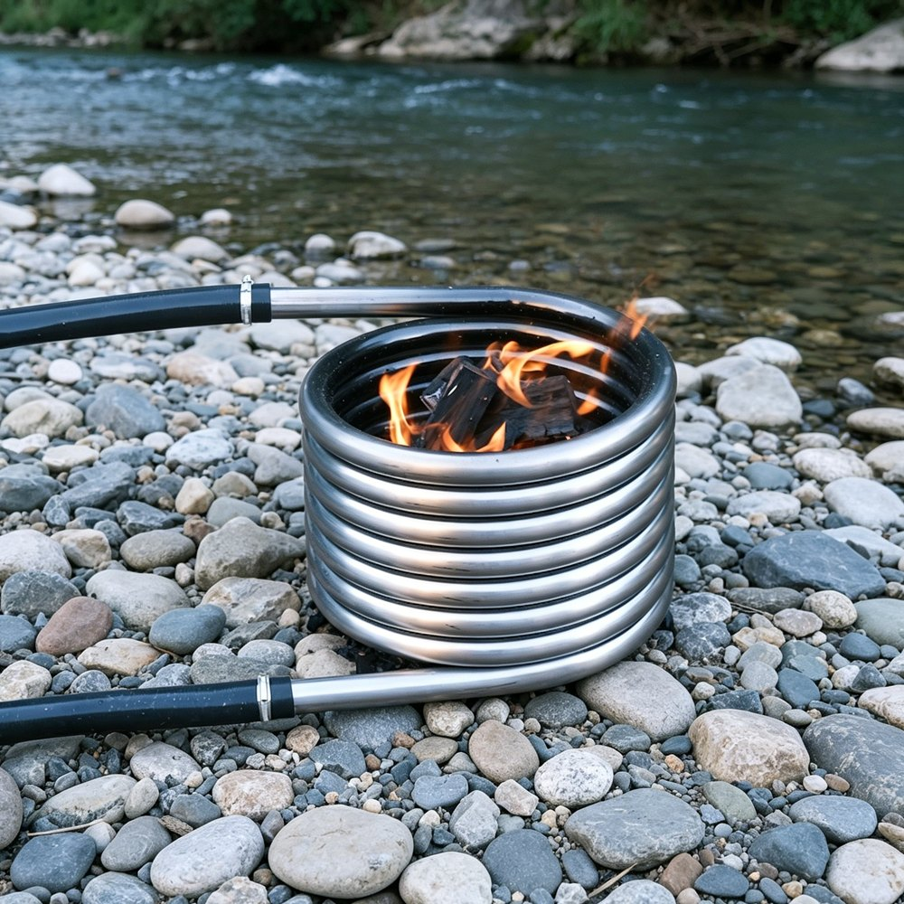 Stainless steel coil with a wood fire on river stones