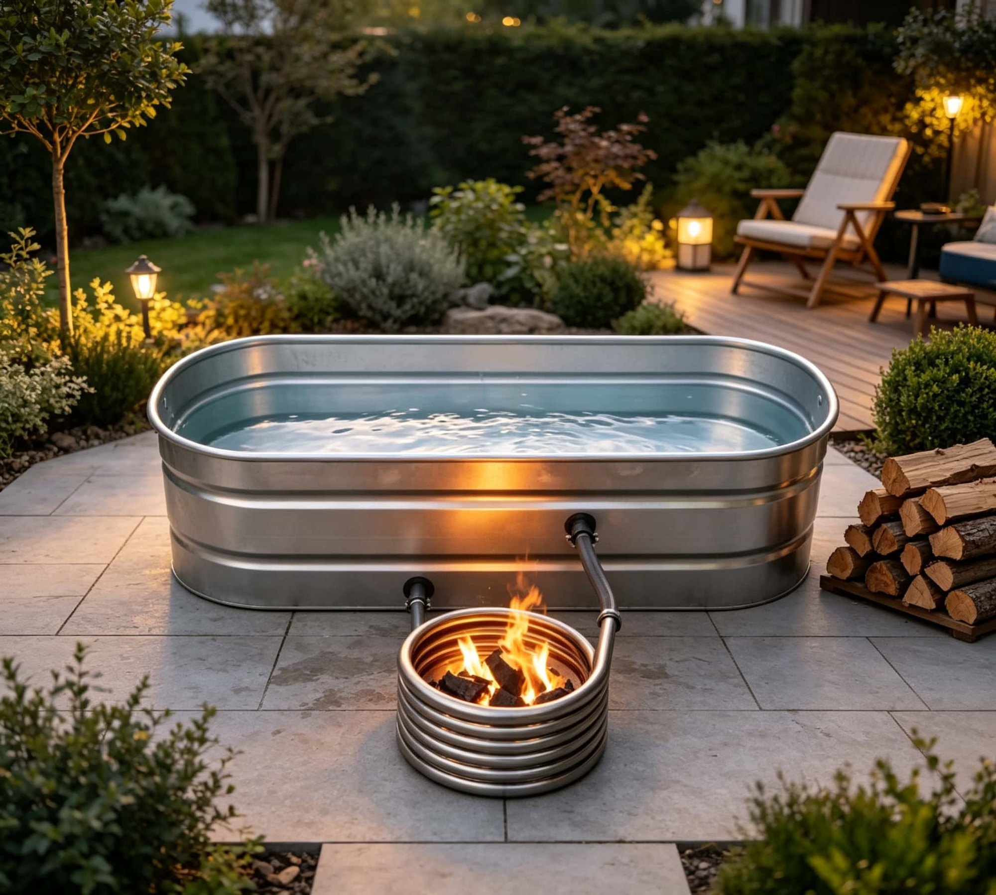 Wood-fired stock tank hot tub with a lit coil on a patio at dusk